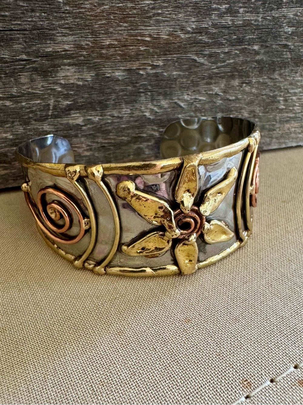 Handcrafted Mixed Metal Cuff Bracelet – Floral Spiral - NWOT
